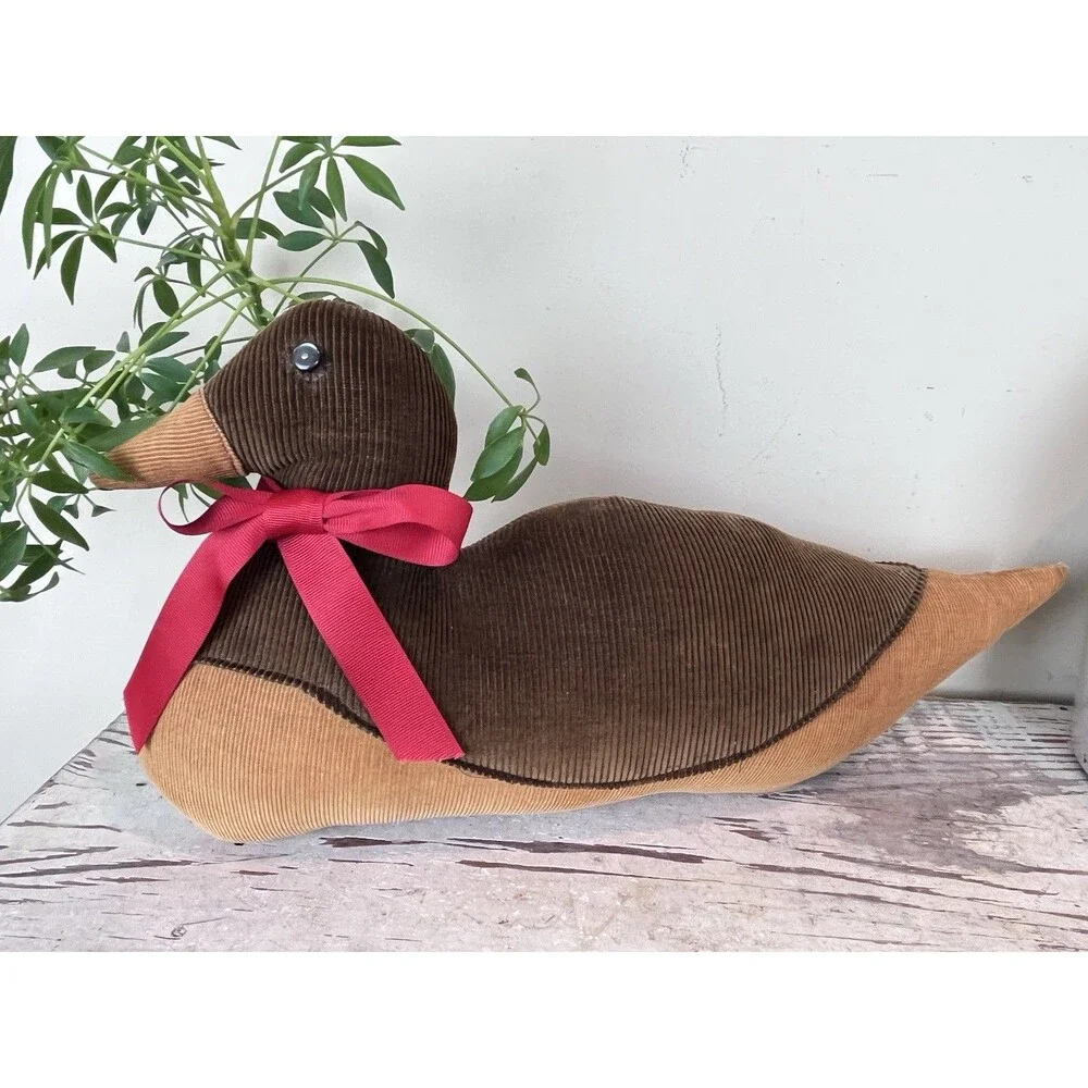 Vintage Mallard Duck Door Stop Corduroy Fabric Whimsy 18” Stuffed Grannycore